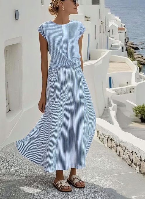 Women's Striped Linen Blend Maxi Dress with Twist Waist