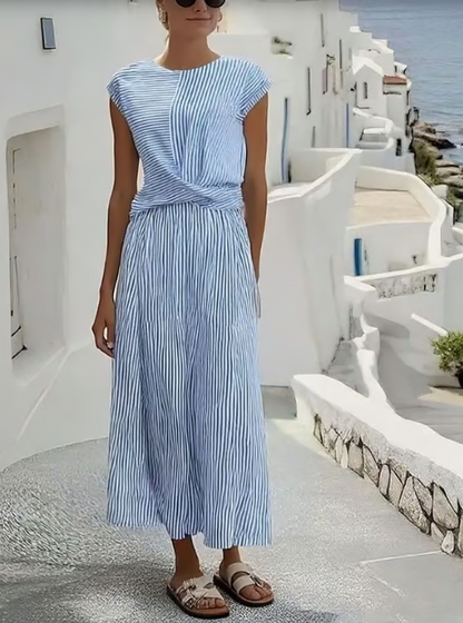 Women's Striped Linen Blend Maxi Dress with Twist Waist
