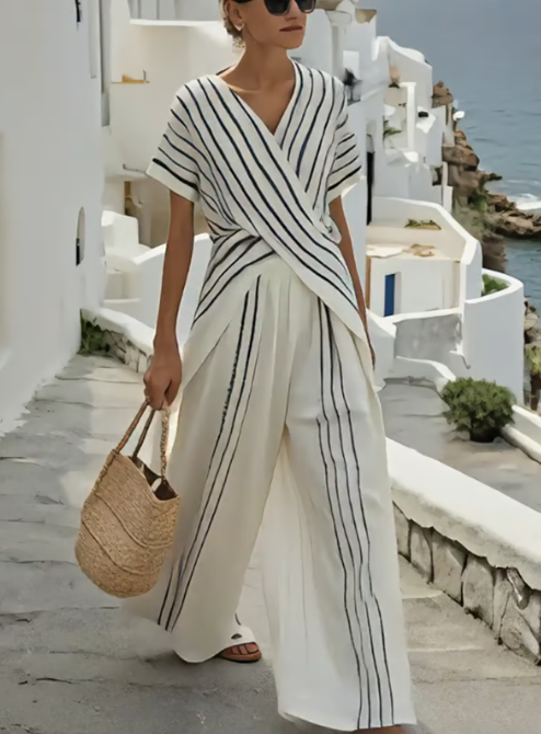 Women's Striped Linen Two-Piece Set with Wrap Front
