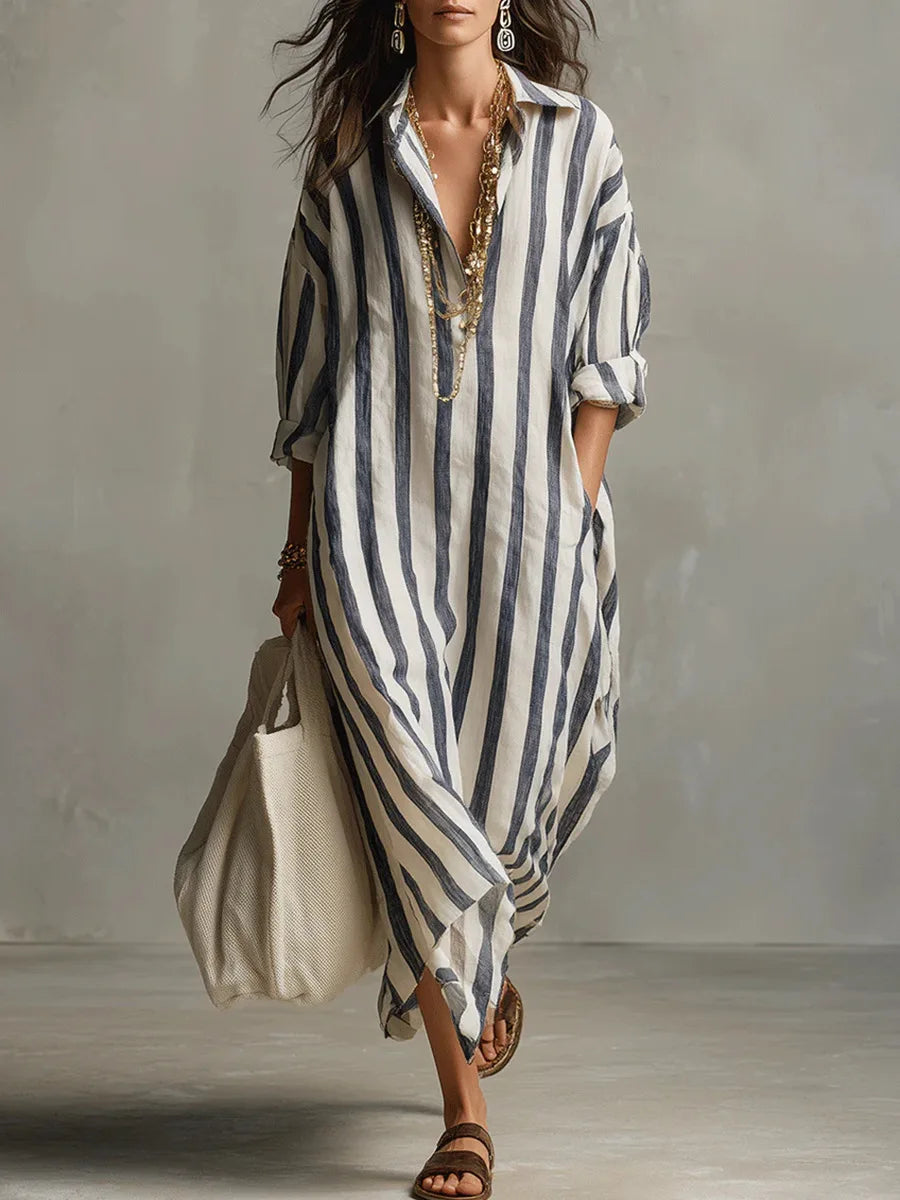 Women's Striped Maxi Shirt Dress with V Neck