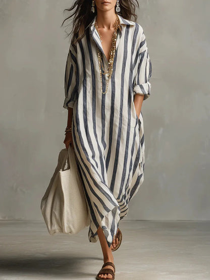 Women's Striped Maxi Shirt Dress with V Neck