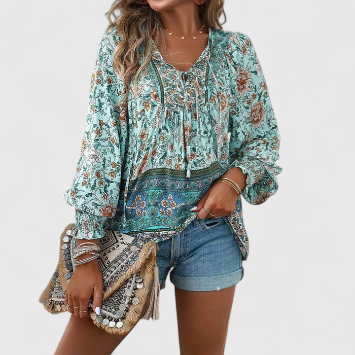 Women's Floral V-Neck Boho Blouse with Long Sleeves