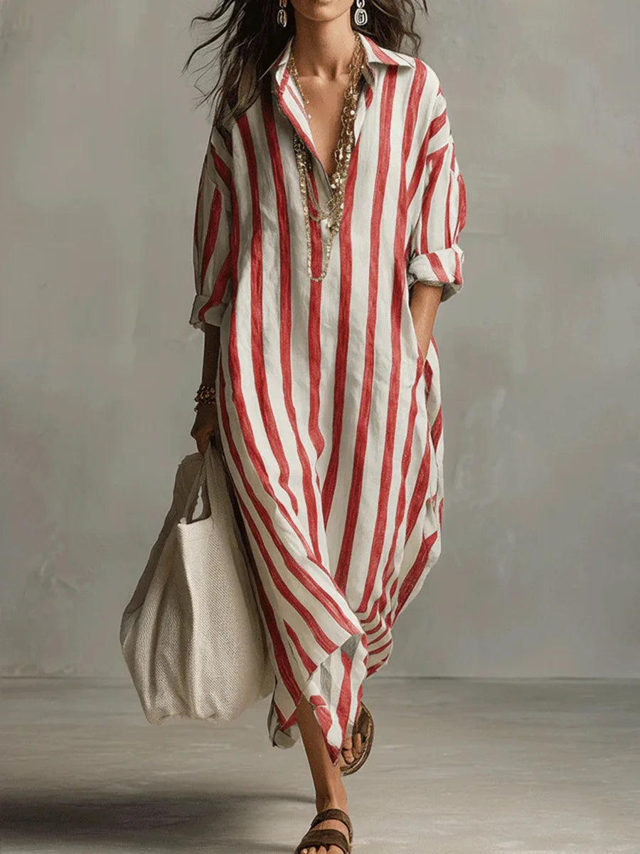 Women's Striped Maxi Shirt Dress with V Neck