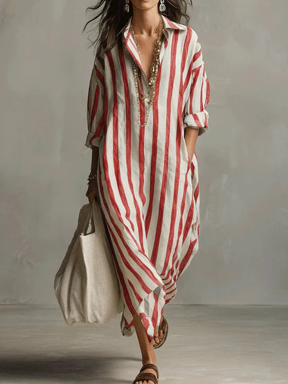 Women's Striped Maxi Shirt Dress with V Neck