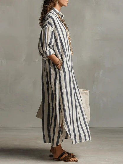 Women's Striped Maxi Shirt Dress with V Neck