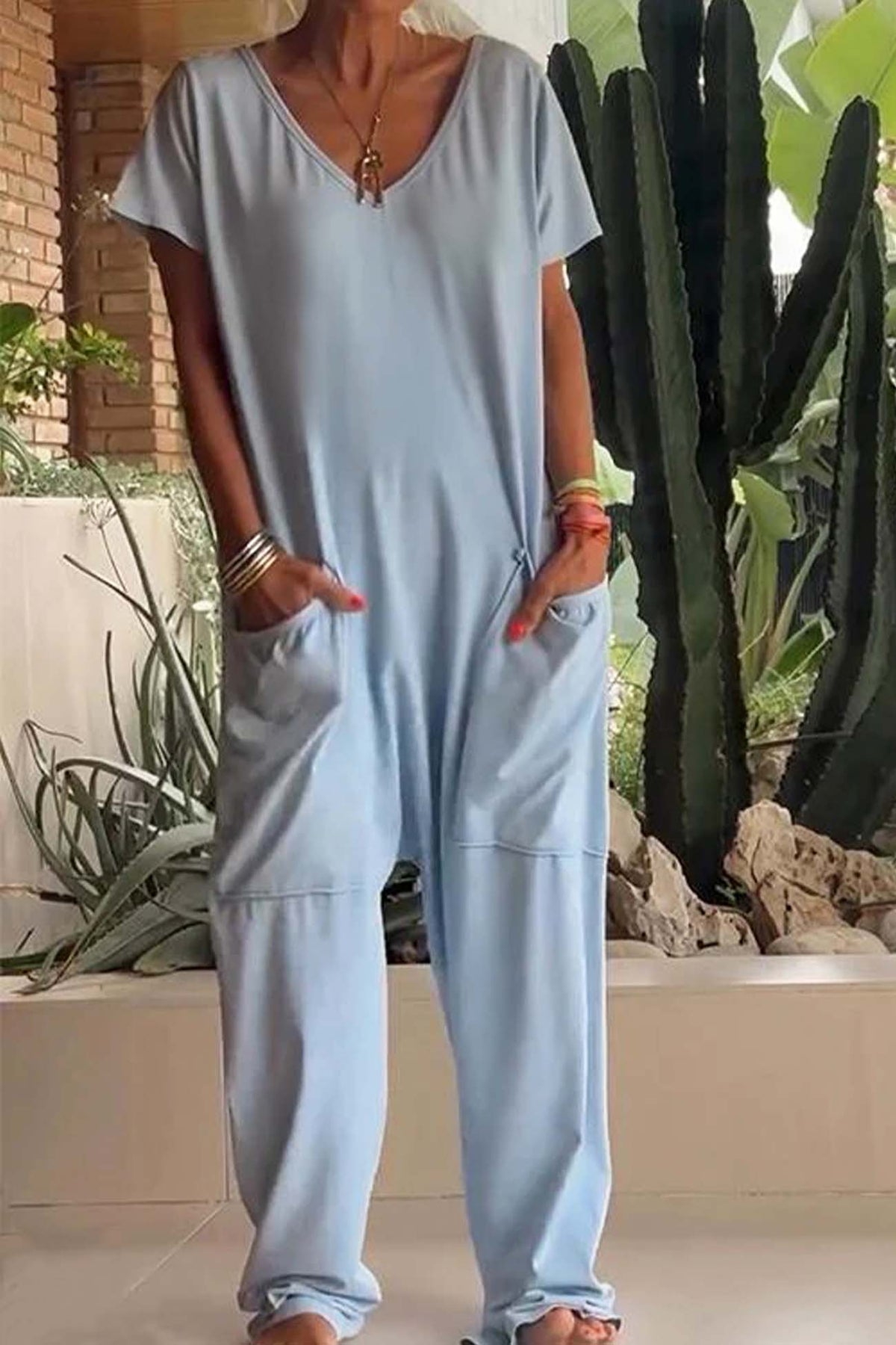 Women's Short Sleeve V-Neck Jumpsuit with Pockets