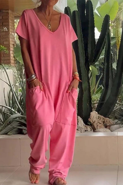 Women's Short Sleeve V-Neck Jumpsuit with Pockets