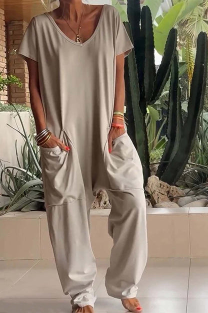 Women's Short Sleeve V-Neck Jumpsuit with Pockets