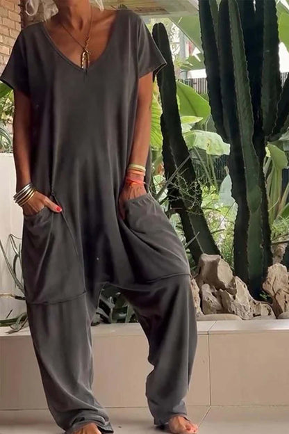 Women's Short Sleeve V-Neck Jumpsuit with Pockets