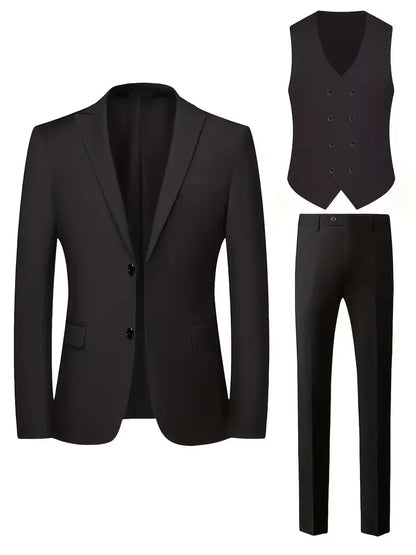 Slim Fit Double-Breasted Three-Piece Suit Set with Waistcoat for Men 2