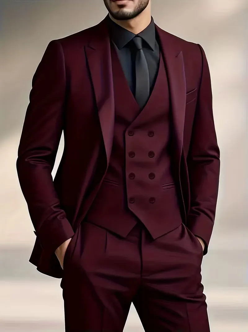Slim Fit Double-Breasted Three-Piece Suit Set with Waistcoat for Men 9