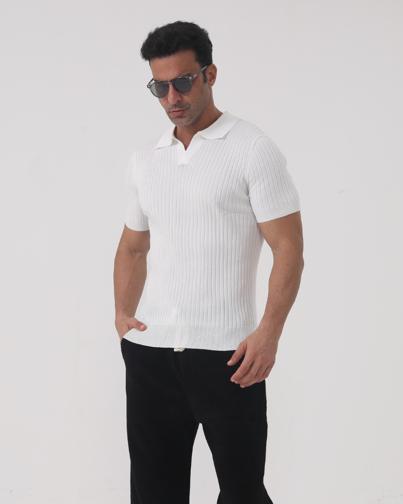Men's Short Sleeve Ribbed Knit Polo Shirt