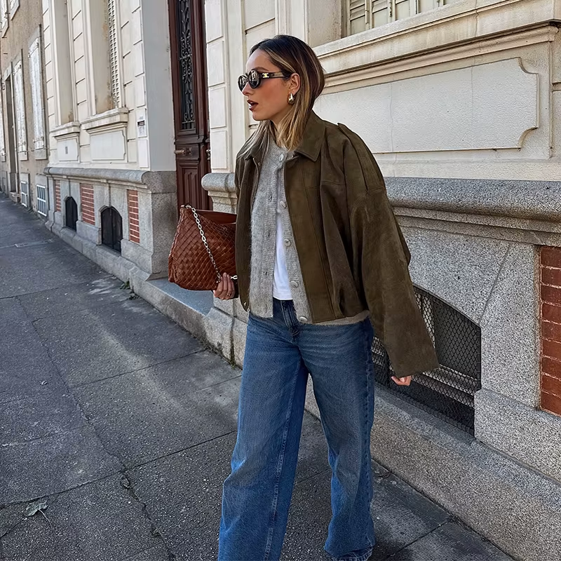 Women's Oversized Faux Suede Jacket with Collar