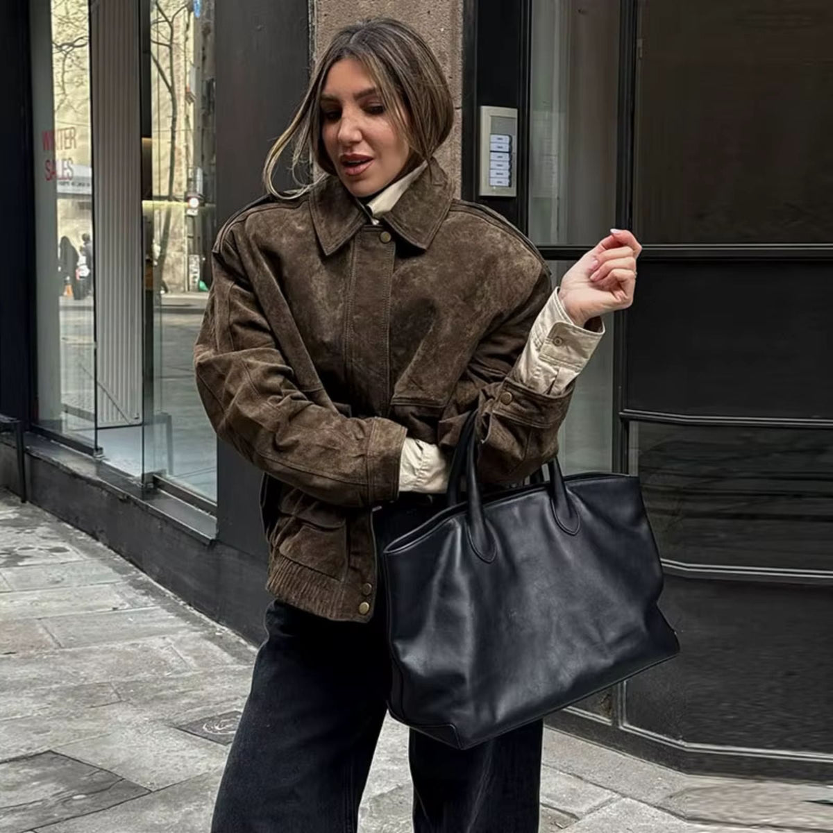 Women's Oversized Faux Suede Jacket with Collar