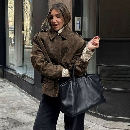 Women's Oversized Faux Suede Jacket with Collar