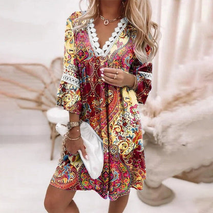 Women's Floral Print Mini Dress with Lace V-Neck