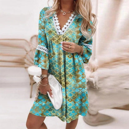 Women's Floral Print Mini Dress with Lace V-Neck