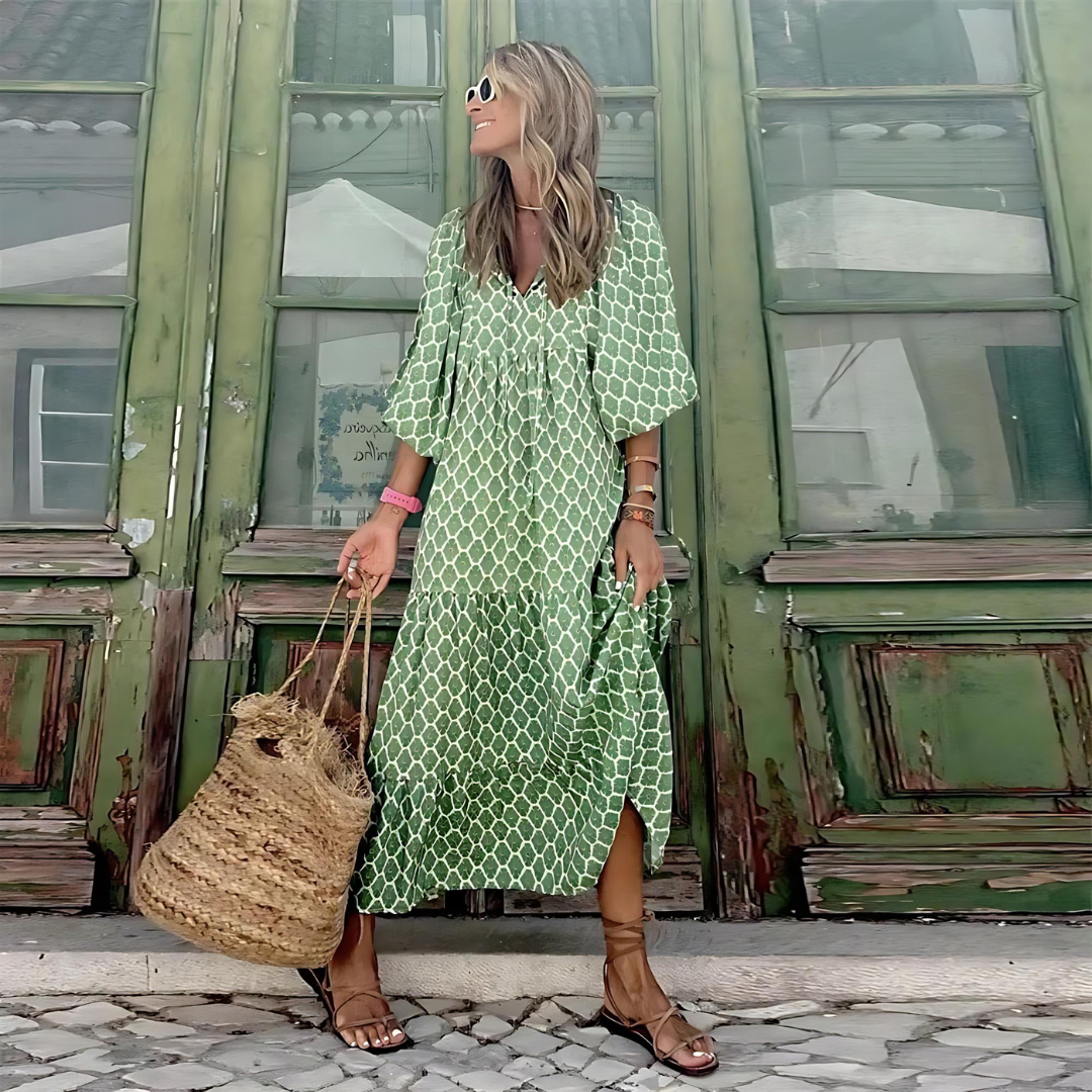 Women's Geometric High Low Maxi Dress with V Neck