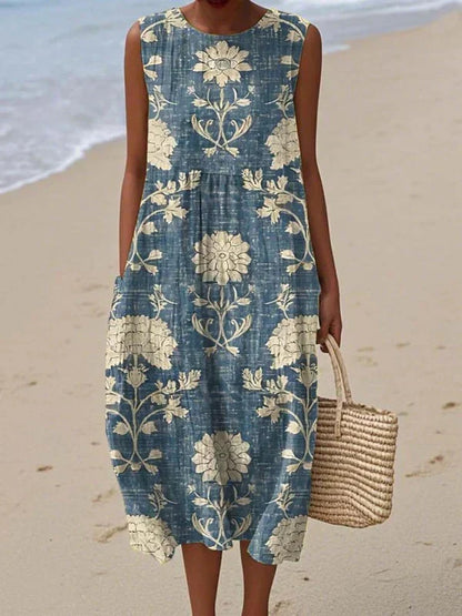 Women's Sleeveless Patchwork Midi Dress with Round Neck
