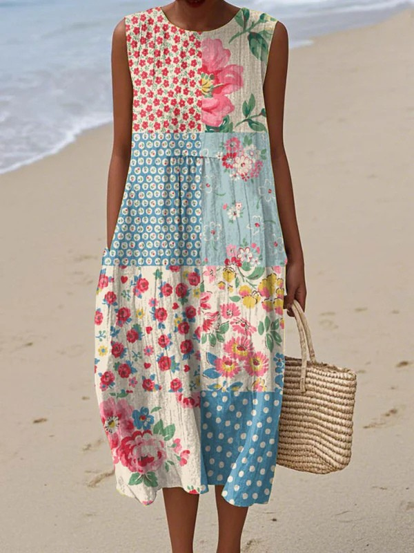 Women's Sleeveless Patchwork Midi Dress with Round Neck