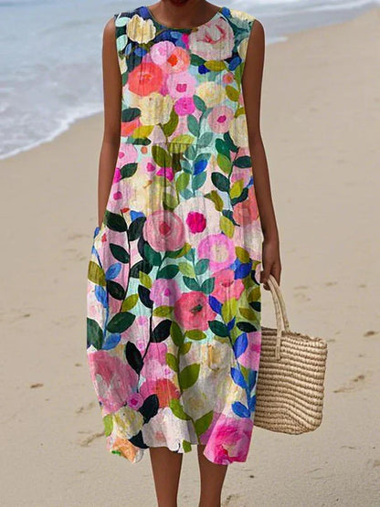 Women's Sleeveless Patchwork Midi Dress with Round Neck