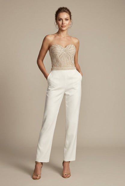 Women's Dressy Jumpsuit - Strapless Sweetheart Neck - Sequin Embellished Bodice - Straight Leg 0