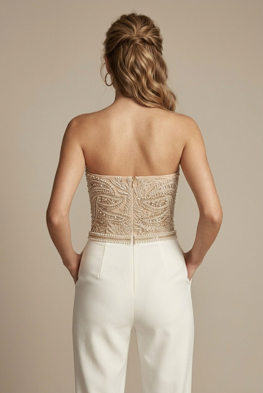 Women's Dressy Jumpsuit - Strapless Sweetheart Neck - Sequin Embellished Bodice - Straight Leg 1