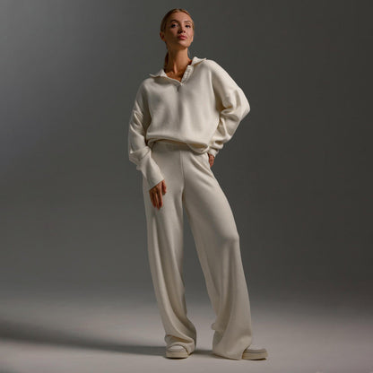 Women's Elegant Casual Outfit – Wide Leg Trousers and Polo Shirt 12