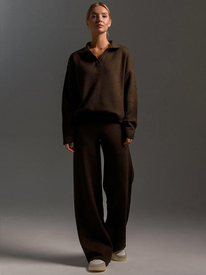 Women's Elegant Casual Outfit – Wide Leg Trousers and Polo Shirt 3
