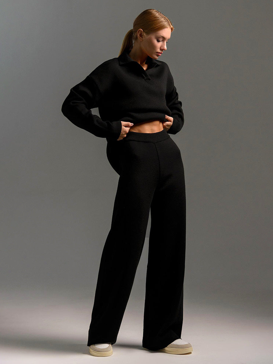 Women's Elegant Casual Outfit – Wide Leg Trousers and Polo Shirt 9