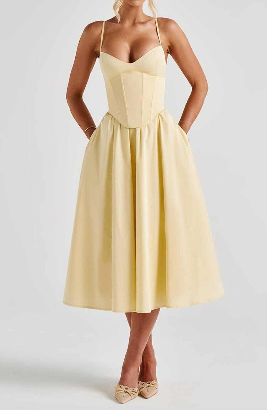Women's Yellow A-Line Midi Dress - Structured Corset Bodice with Sweetheart Neckline and Side Pockets 0