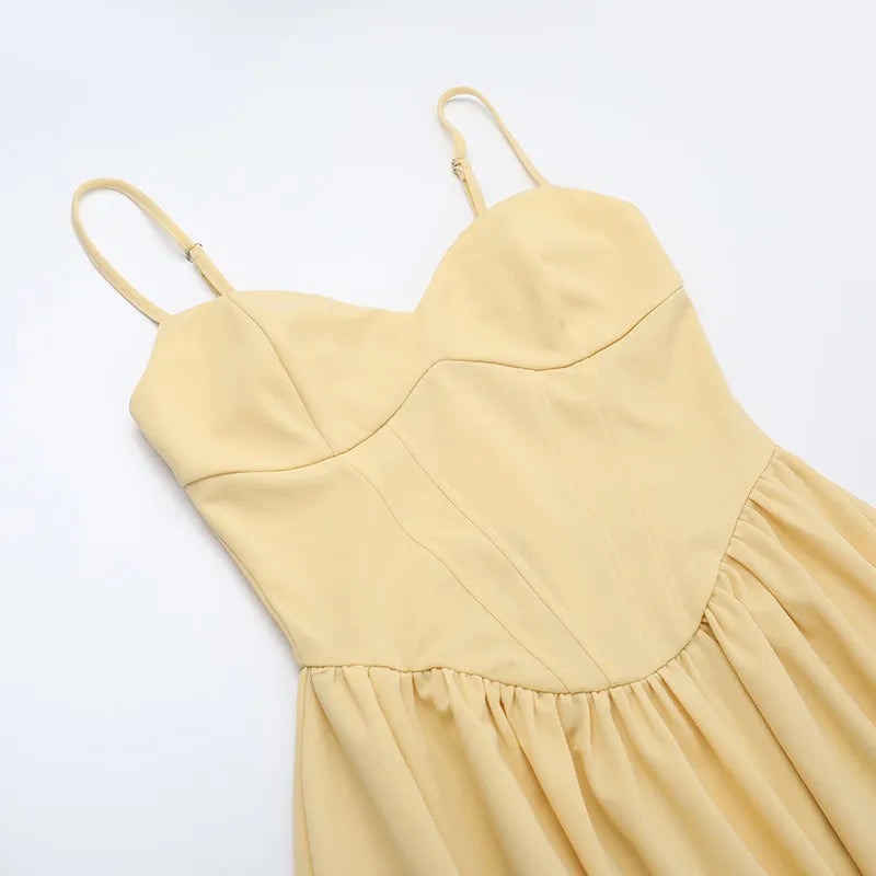 Women's Yellow A-Line Midi Dress - Structured Corset Bodice with Sweetheart Neckline and Side Pockets 7