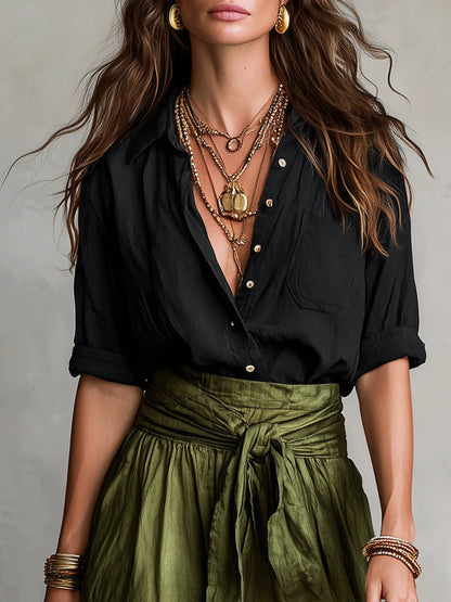 Women's Two-Piece Shirt and Skirt Set with Tie Waist