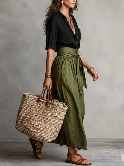 Women's Two-Piece Shirt and Skirt Set with Tie Waist