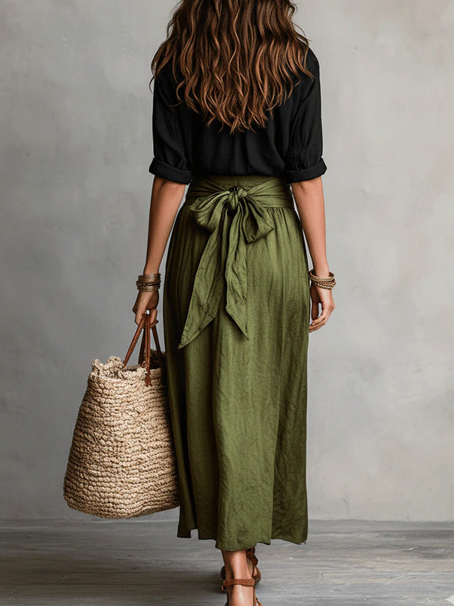 Women's Two-Piece Shirt and Skirt Set with Tie Waist