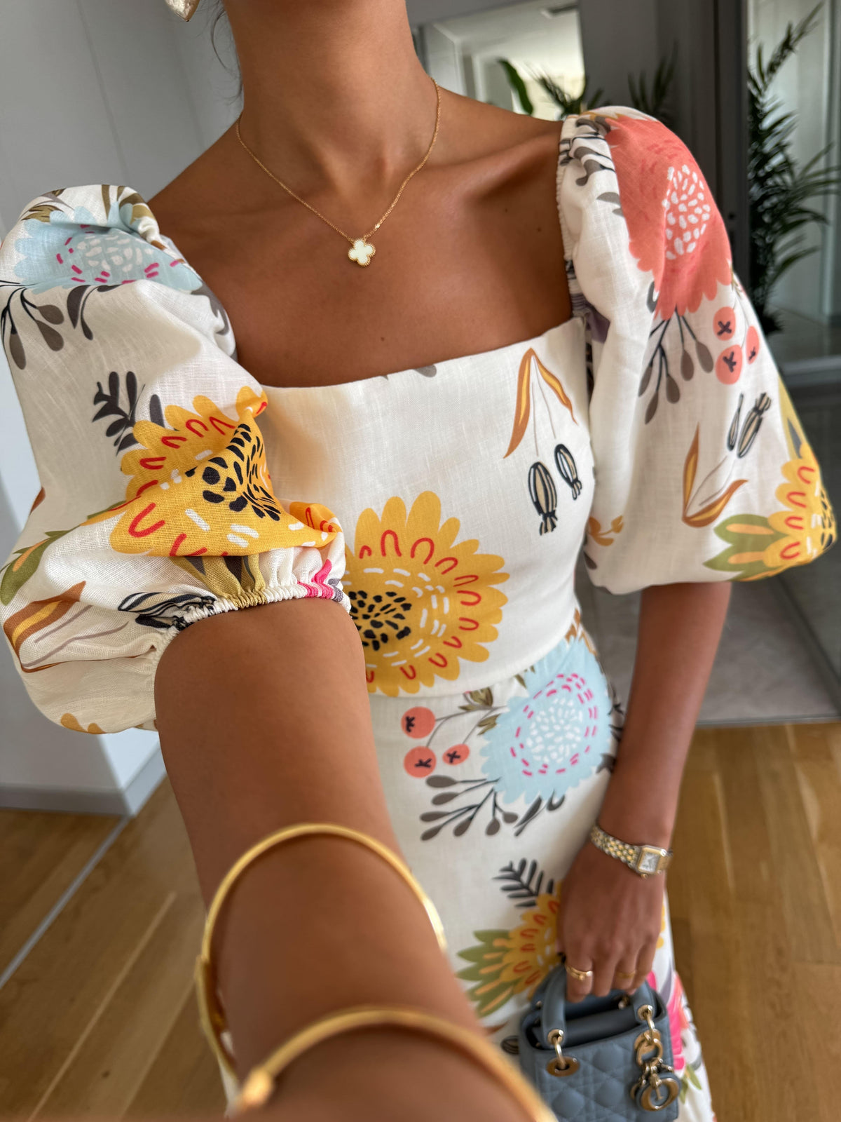 Women's Floral Puff Sleeve Tiered Midi Dress