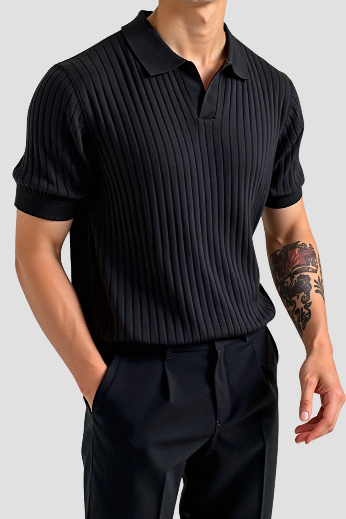 Men's Short Sleeve Ribbed Polo Shirt with Open Collar