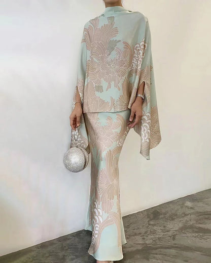 Women's Printed Cape Top and Long Skirt Set