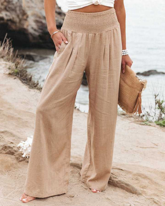 Women's High-Waisted Wide Leg Pants with Smocked Waist