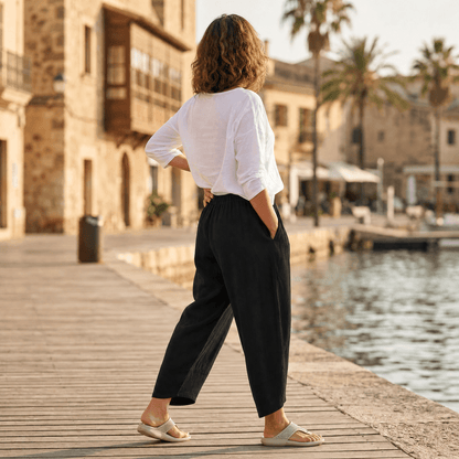 Women's Cropped Wide Leg Linen Pants with Asymmetric Hem