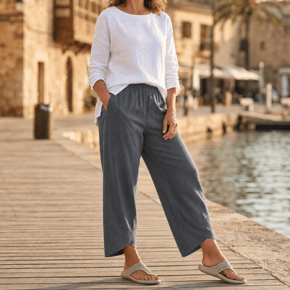 Women's Cropped Wide Leg Linen Pants with Asymmetric Hem