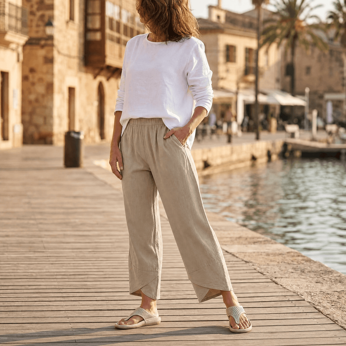 Women's Cropped Wide Leg Linen Pants with Asymmetric Hem