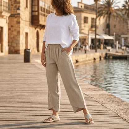 Women's Cropped Wide Leg Linen Pants with Asymmetric Hem