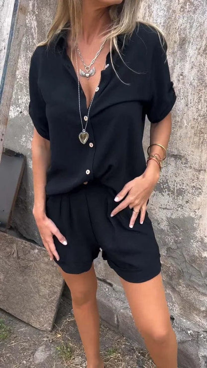Women's Button-Down Shirt and Shorts Two-Piece Set
