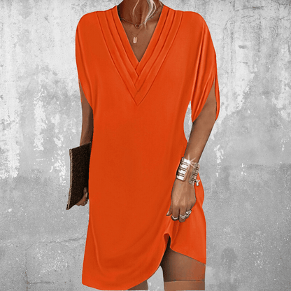 Women's Mini Dress with Pleated V Neck and Short Sleeves