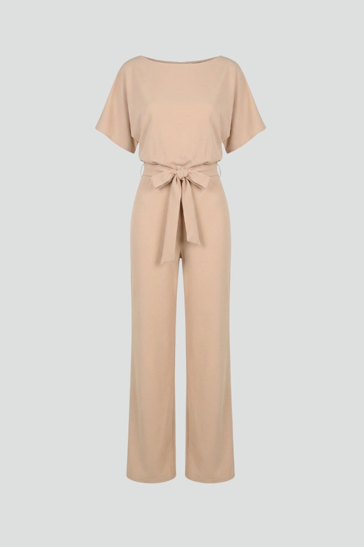 Women's Belted Wide Leg Jumpsuit with Short Sleeves