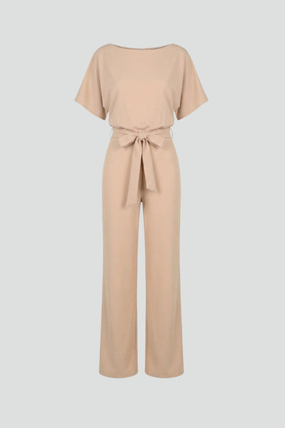 Women's Belted Wide Leg Jumpsuit with Short Sleeves
