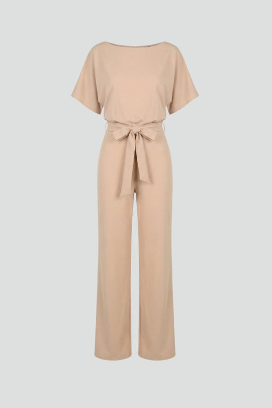 Women's Belted Wide Leg Jumpsuit with Short Sleeves