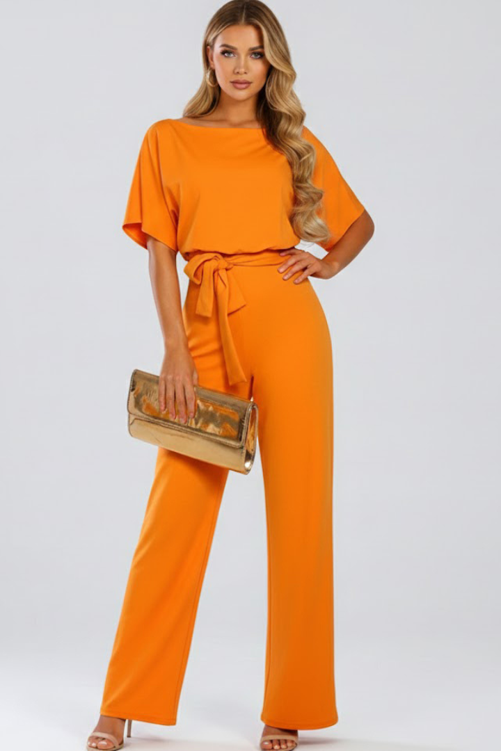 Women's Belted Wide Leg Jumpsuit with Short Sleeves