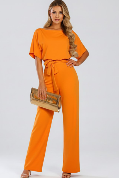 Women's Belted Wide Leg Jumpsuit with Short Sleeves